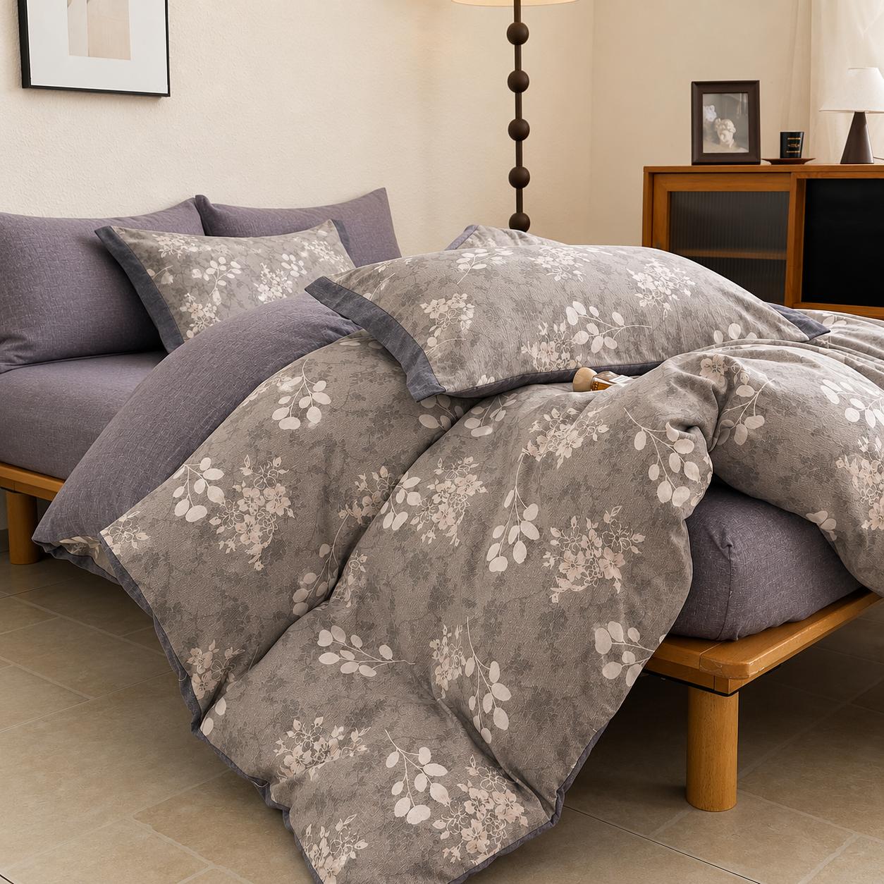 Lenjerie de pat dublă 4 piese, cu imprimeu modern, material fin și răcoros, cu elastic și fermoar-RO-9-24-F6