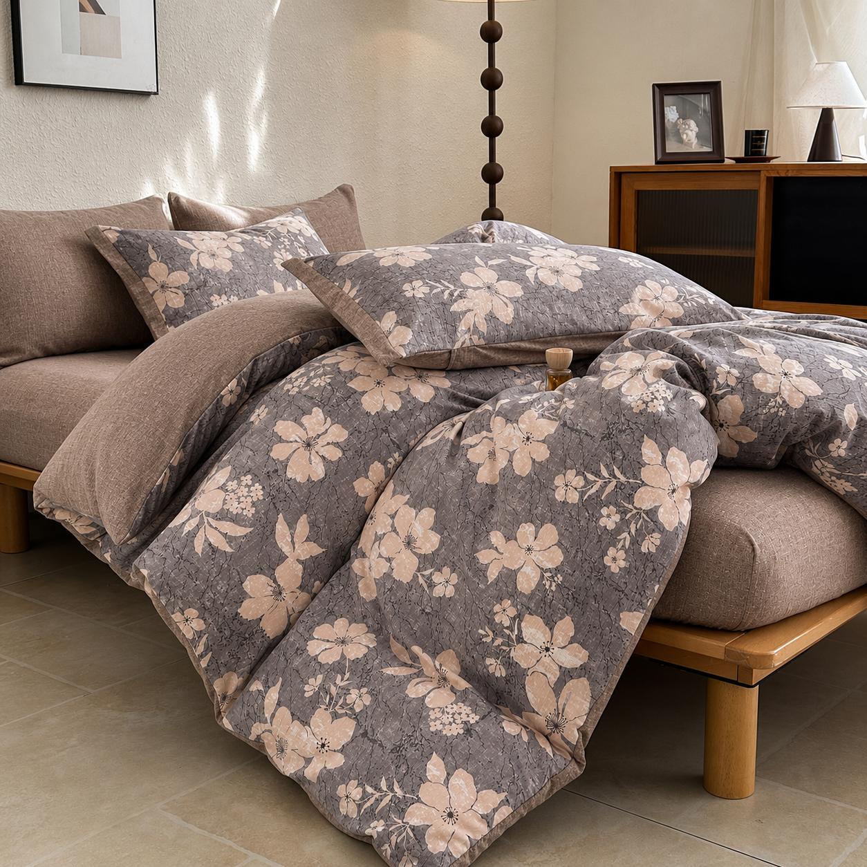Lenjerie de pat dublă 4 piese, cu imprimeu modern, material fin și răcoros, cu elastic și fermoar-RO-9-24-F7