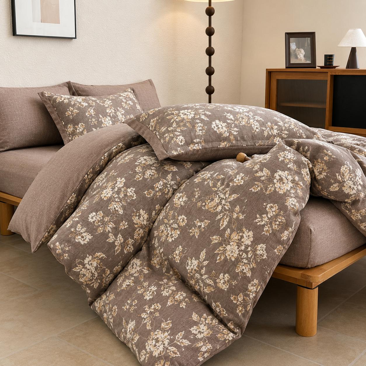 Lenjerie de pat dublă 4 piese, cu imprimeu modern, material fin și răcoros, cu elastic și fermoar-RO-9-24-F8