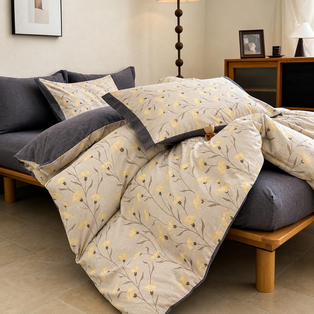 Lenjerie de pat dublă 4 piese, cu imprimeu modern, material fin și răcoros, cu elastic și fermoar-RO-9-24-F2
