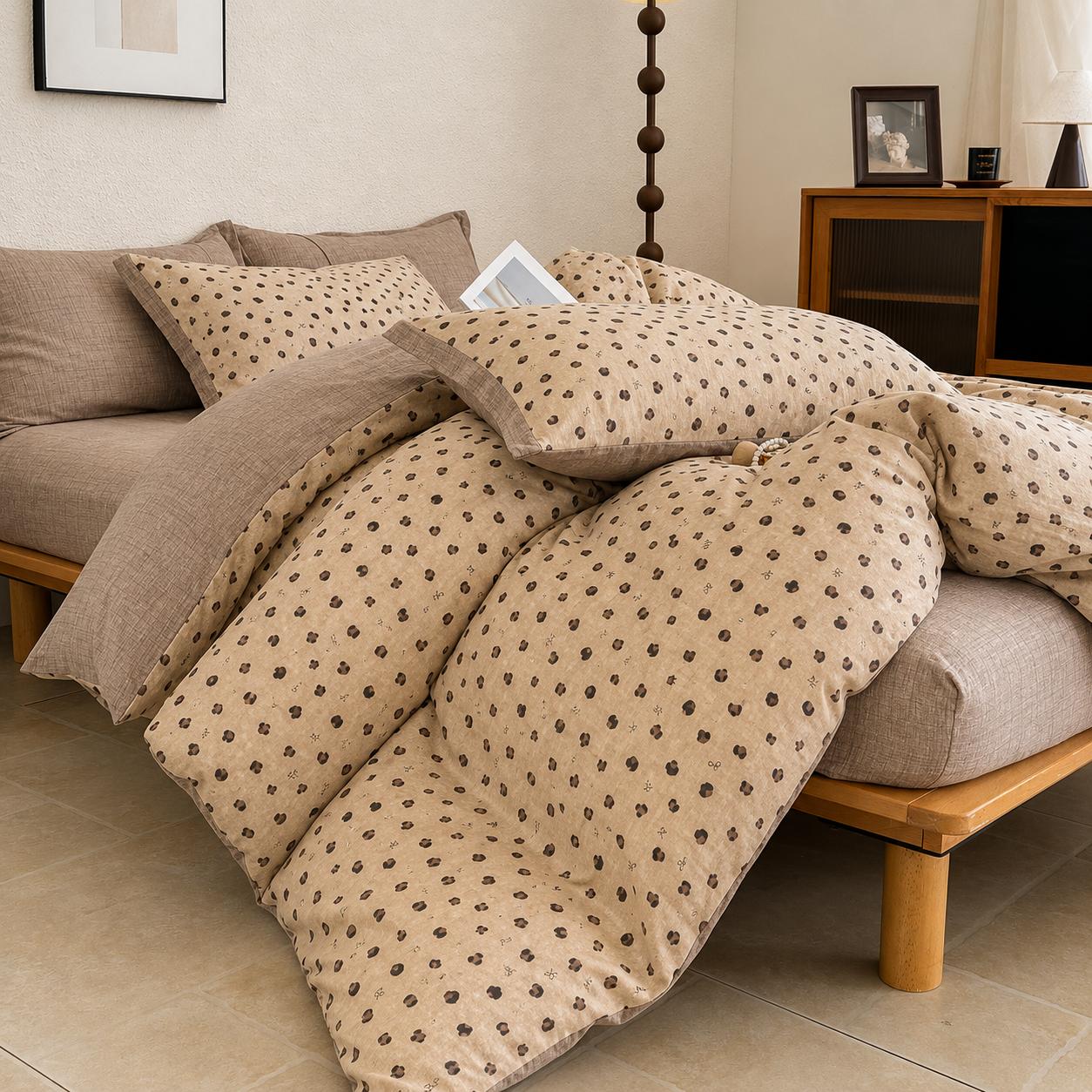 Lenjerie de pat dublă 4 piese, cu imprimeu modern, material fin și răcoros, cu elastic și fermoar-RO-9-24-F4