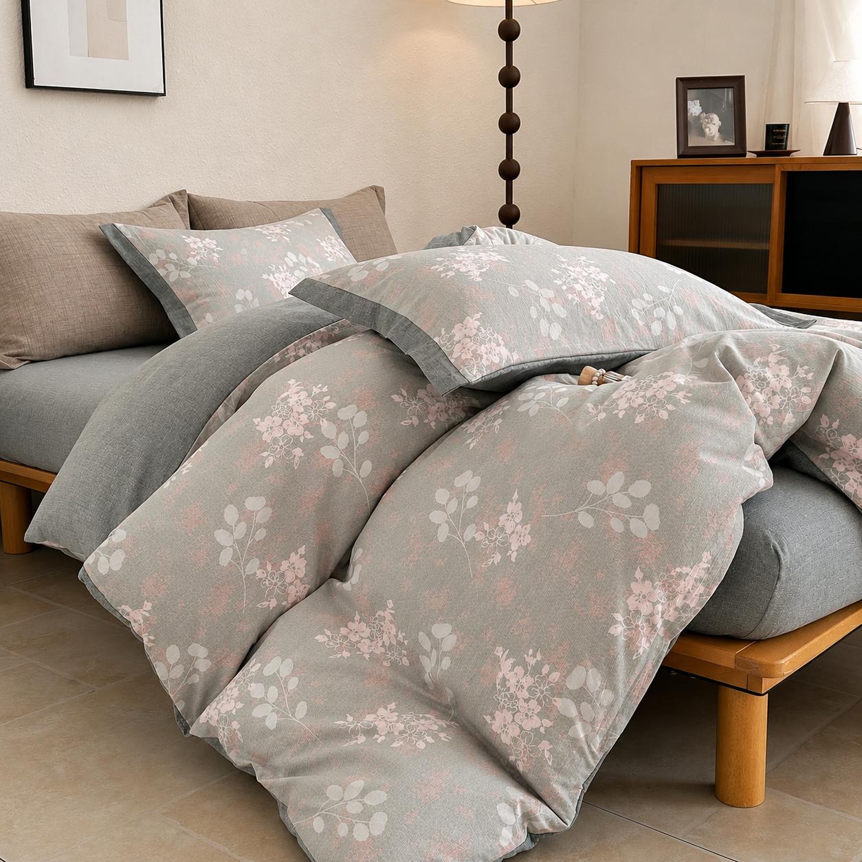 Lenjerie de pat dublă 4 piese, cu imprimeu modern, material fin și răcoros, cu elastic și fermoar-RO-9-24-F5