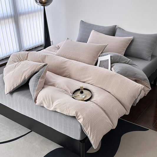 Lenjerie de pat dublă 4 piese, premium, cu dungi țesute, răcoroasă, cu elastic și fermoar-RO-6-24-BG