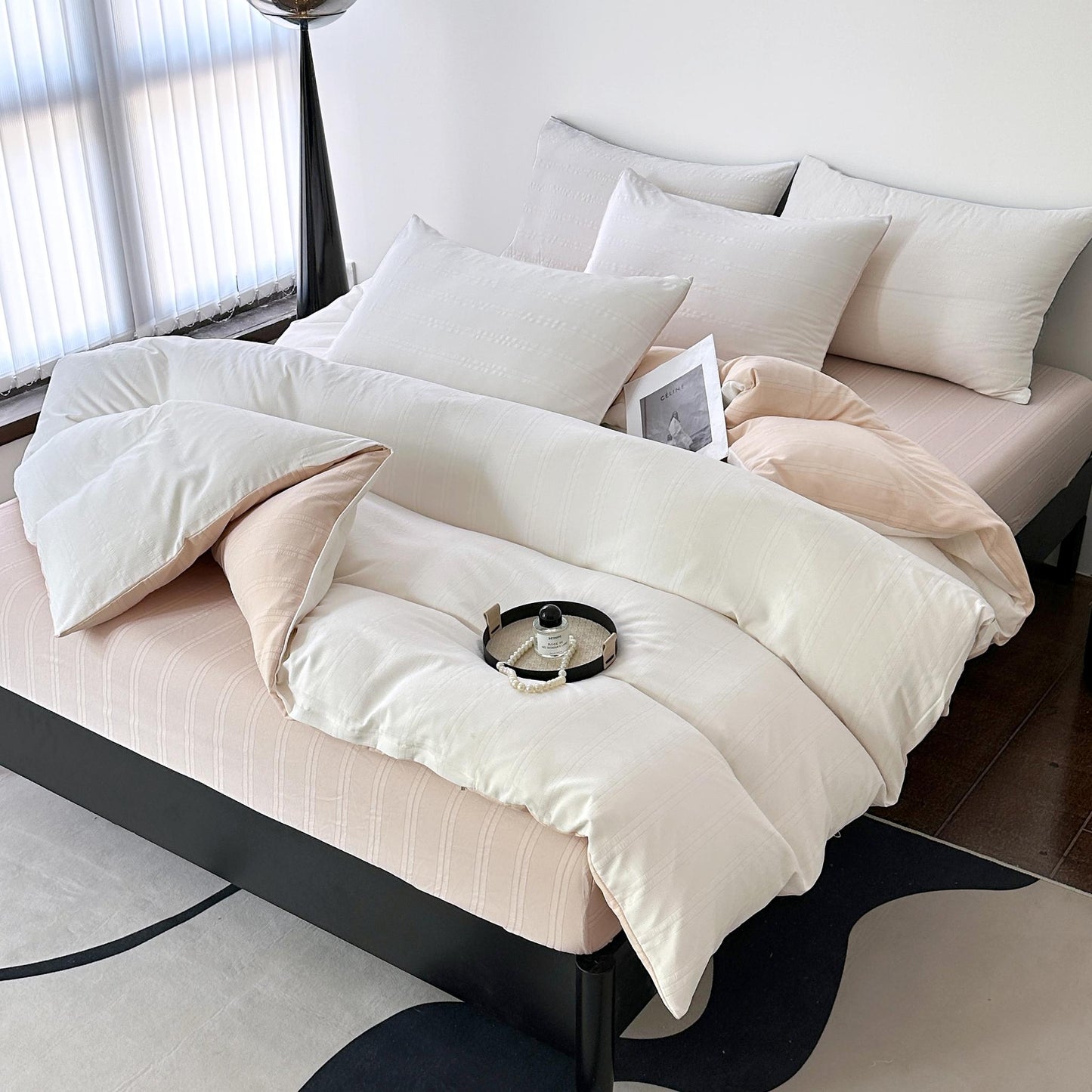 Lenjerie de pat dublă 4 piese, premium, cu dungi țesute, răcoroasă, cu elastic și fermoar-RO-6-24-CB