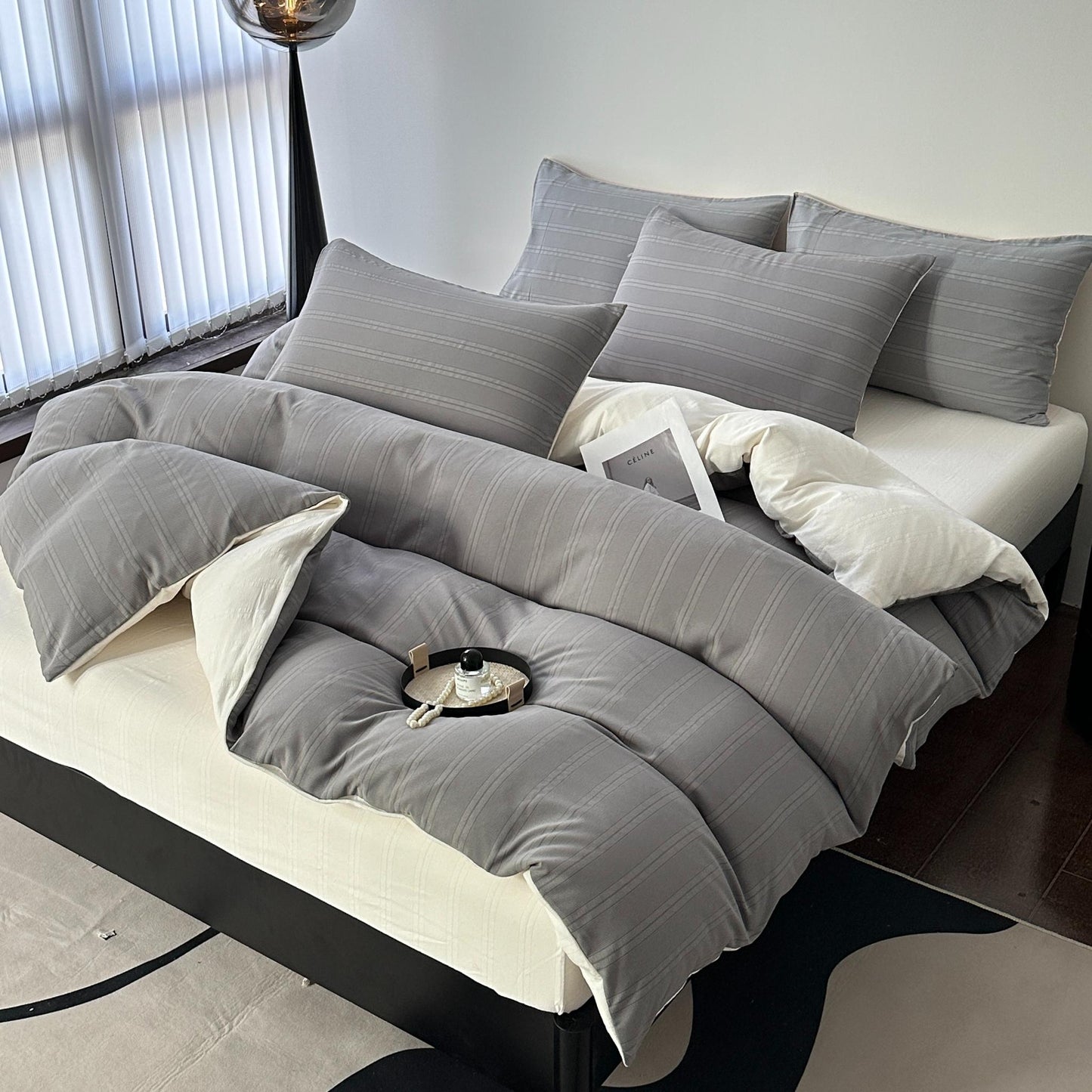 Lenjerie de pat dublă 4 piese, premium, cu dungi țesute, răcoroasă, cu elastic și fermoar-RO-6-24-GC